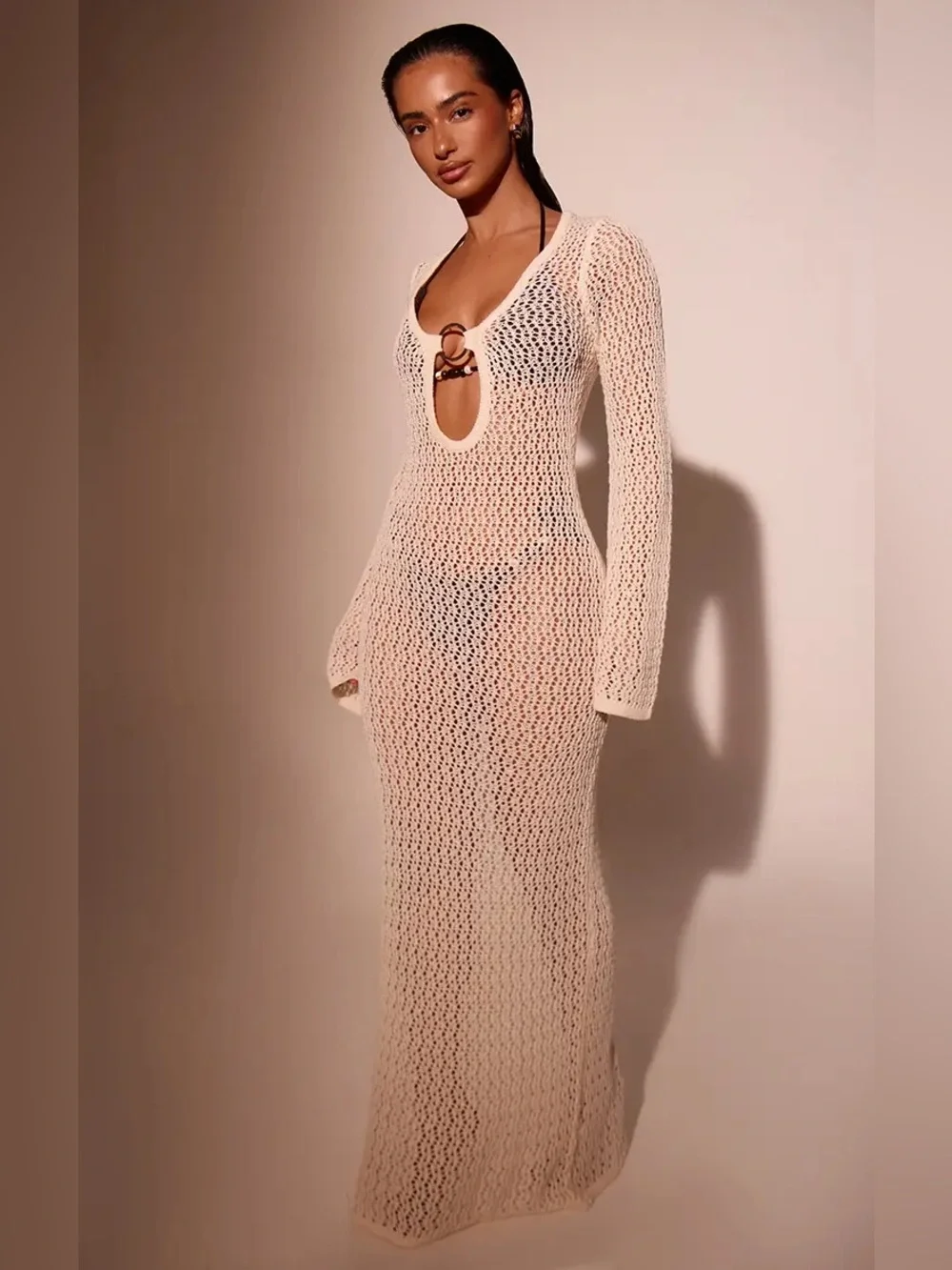 PrettyLittleThing Cream Crochet Long Sleeve Beach Cover Up